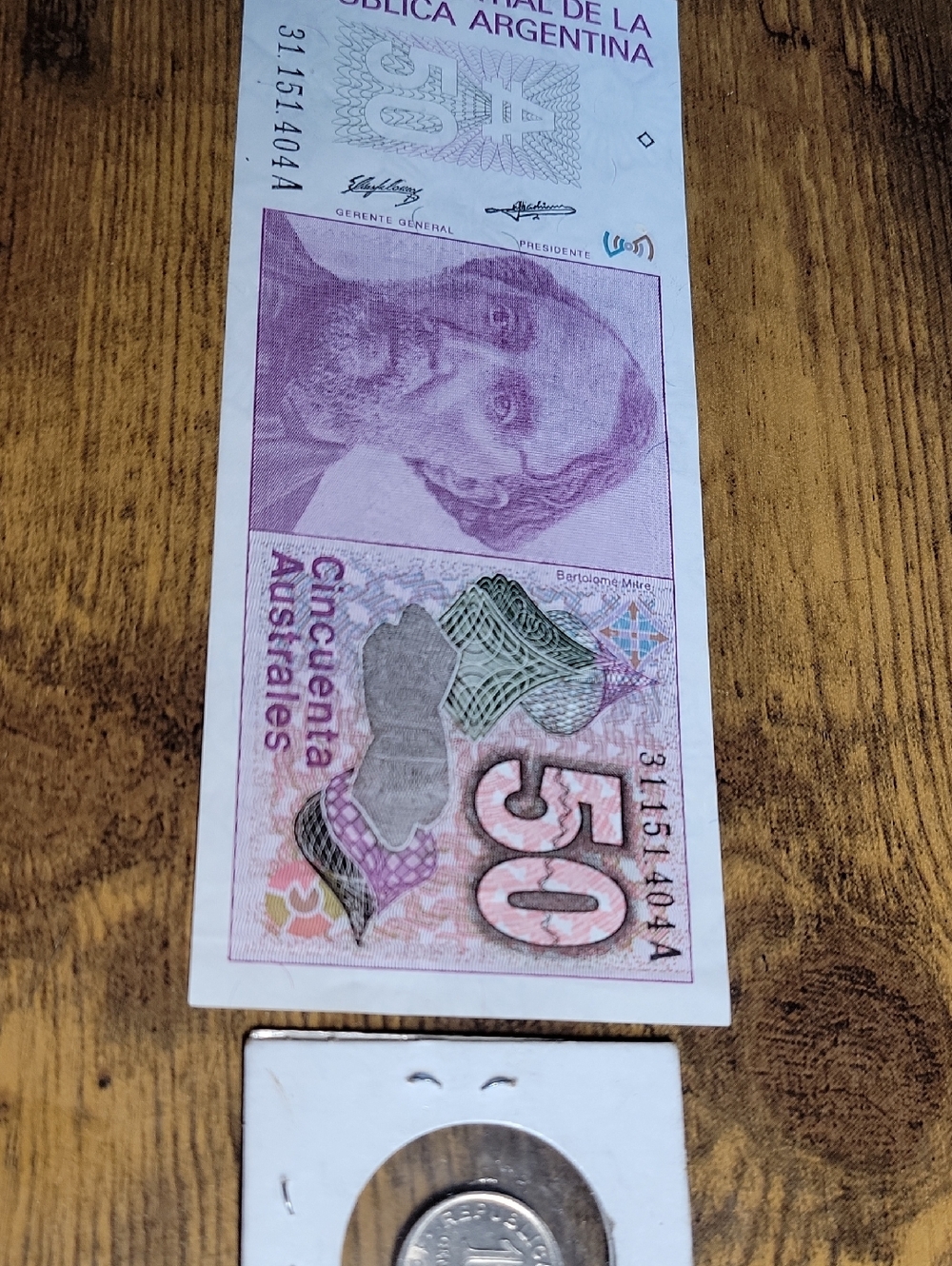 Vintage Argentine 50 Australes Banknote - Purple/ Pink & 1956 10 Centivos Coin
